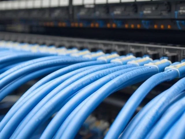 Előfizetői hozzáférési hálózat patch panelének és csatlakozóinak szerkezete közelről